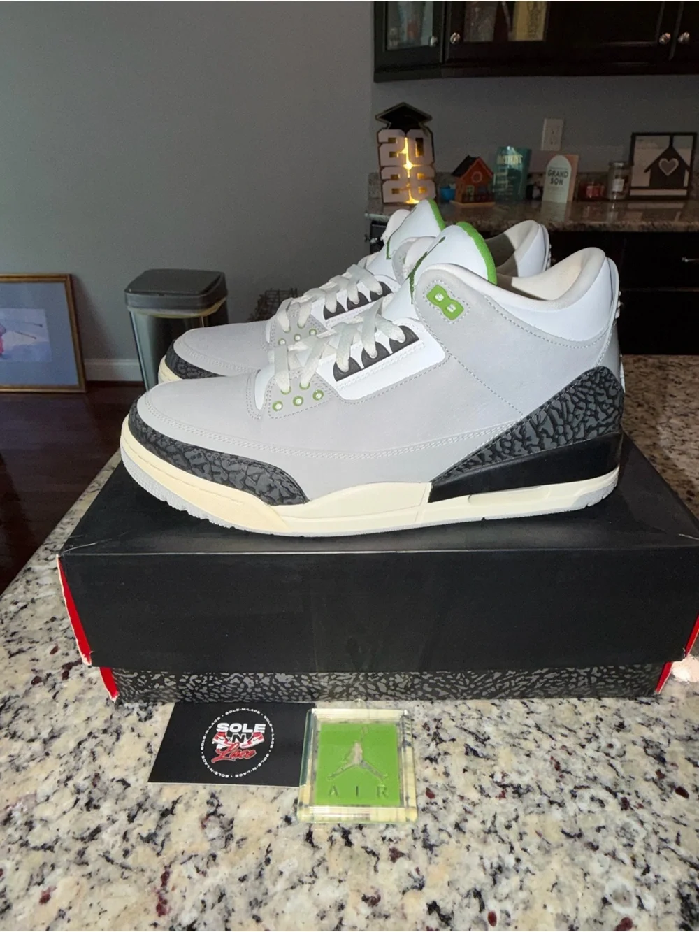 Jordan Retro 3 Sneakers in Light Gray, Black & Green Accents